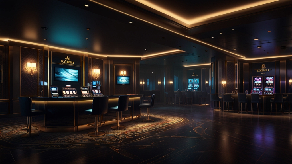 Digital registration form beside a glowing casino-style desk in a dark setting