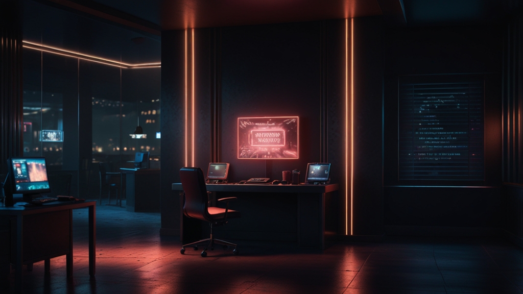 Desktop monitor showing a casino login form in a dark neon-lit room
