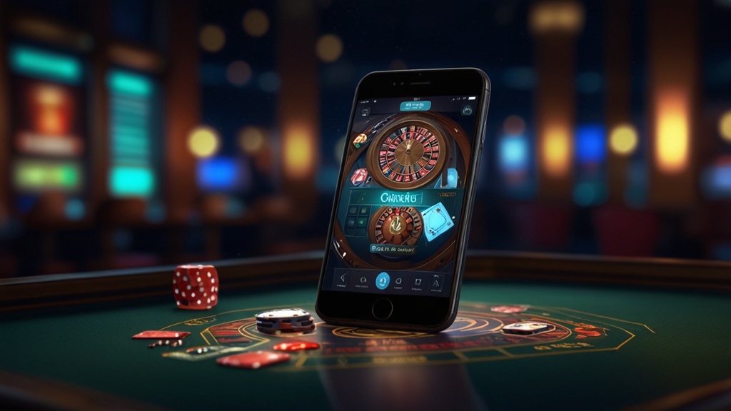 Smartphone on a casino table showing a mobile play interface at night