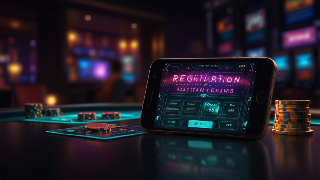 Smartphone registration screen with verification code in a dark casino atmosphere