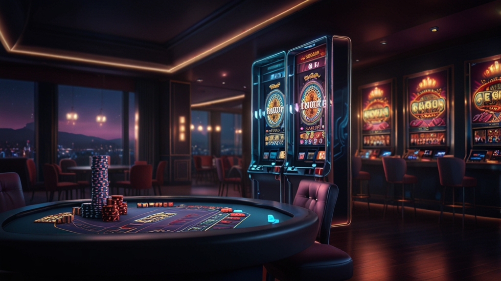 Mobile casino lobby displayed on a glowing smartphone in a dark casino scene