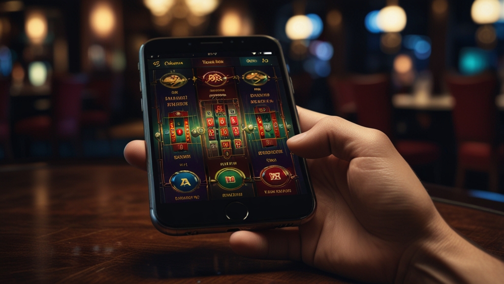 Phone showing a casino app download page in a dark lounge setting