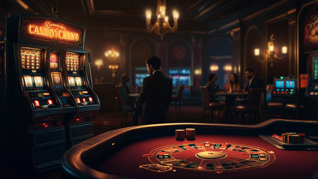 Glowing casino bonus banner with promo codes and no-deposit coins in a dark gaming room