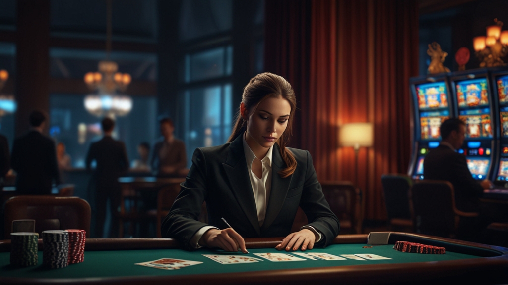 Support agent reviews payment verification documents at a dark casino help desk.