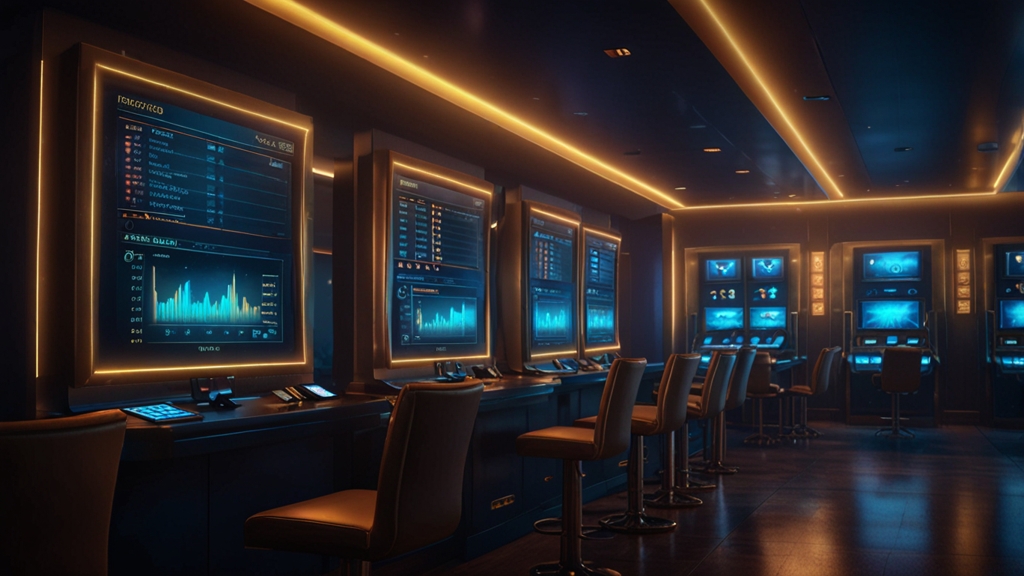 Player reviews withdrawal status in a dark casino cashier area with verification papers on screen.